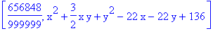 [656848/999999, x^2+3/2*x*y+y^2-22*x-22*y+136]